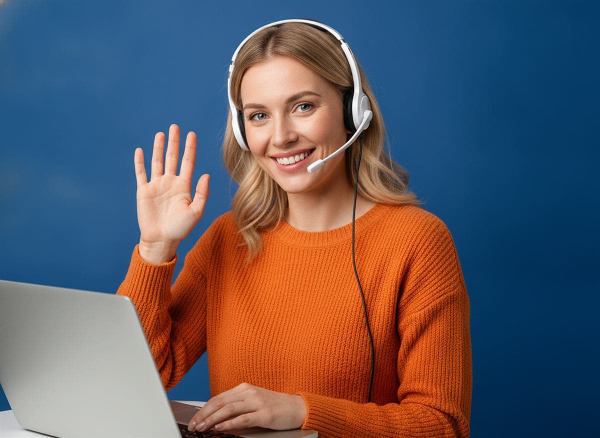 Asesora de Masqueclases saludando con auriculares durante una llamada
