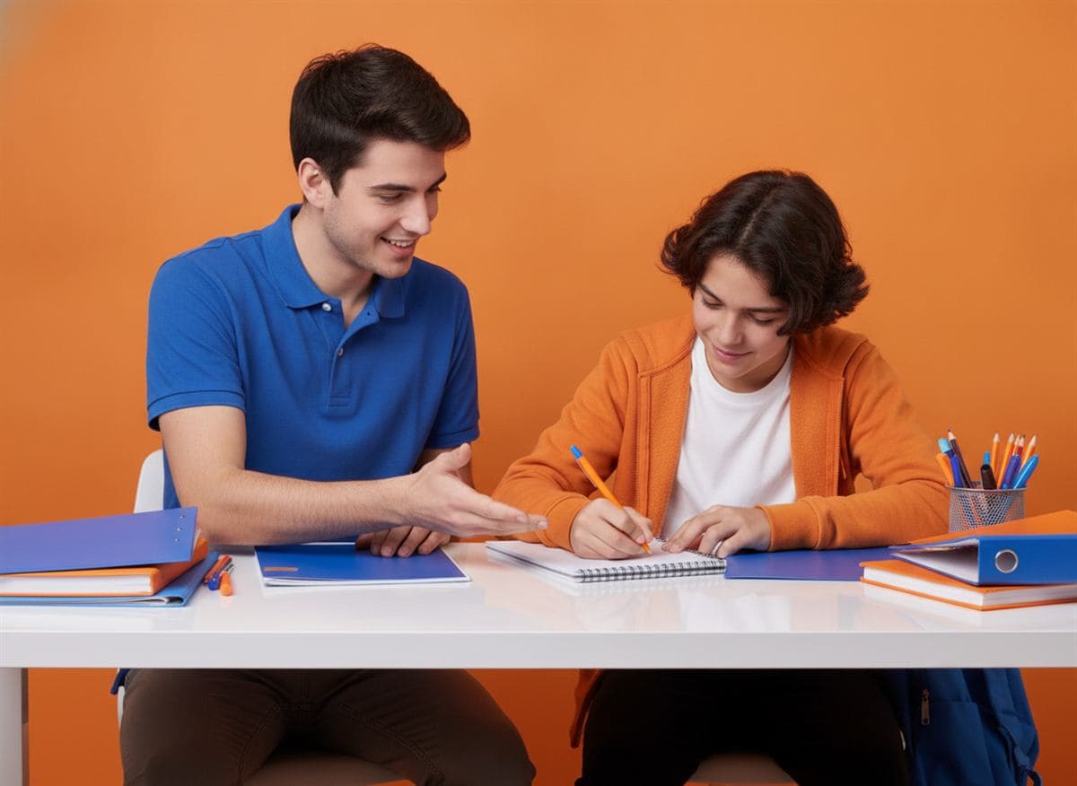Profesor particular guiando a un alumno mientras escribe