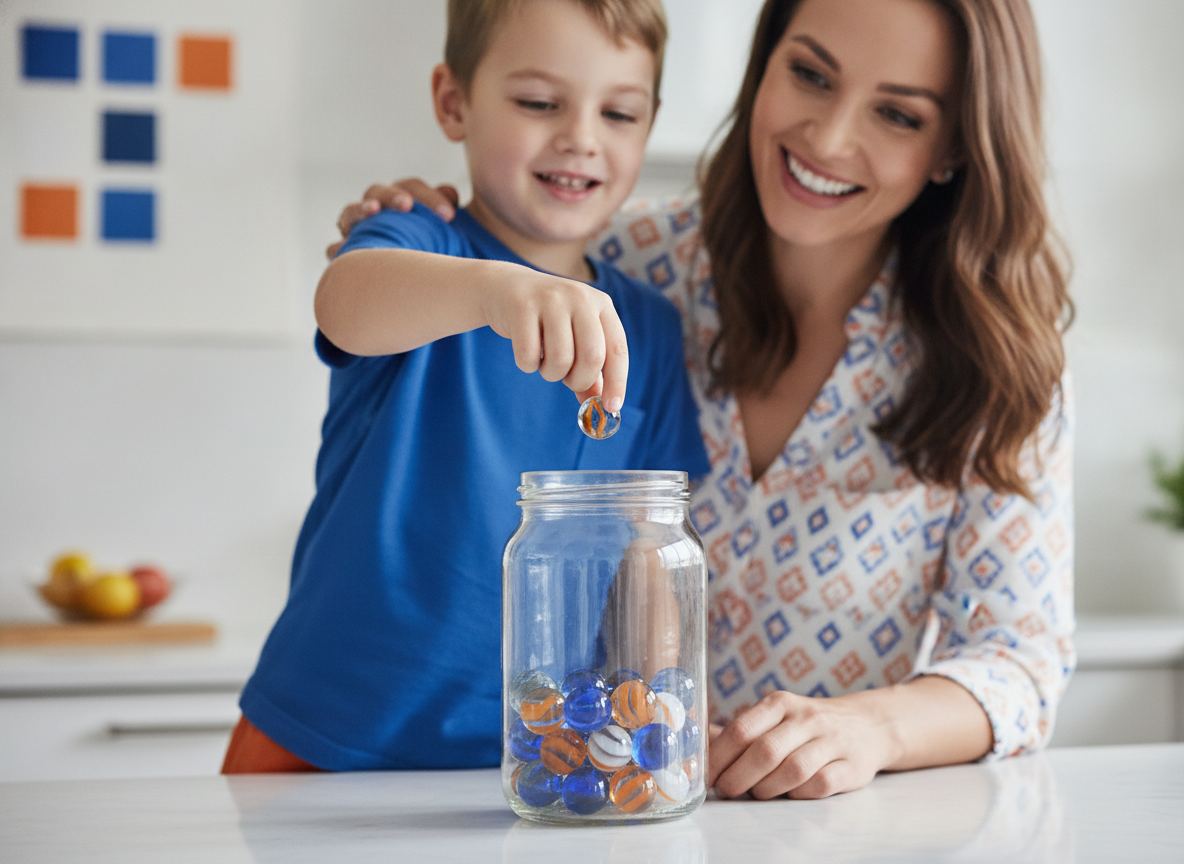 Niño apuntando puntos en un calendario de pared junto a su madre